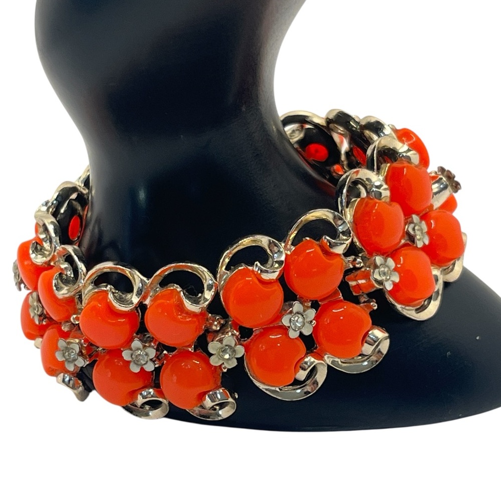 Rousseau molded plastic red orange gold tone bracelet flower rhinestone vintage